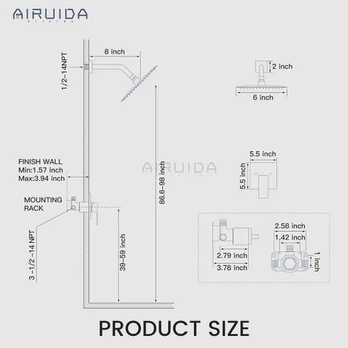 Miniatura 6 de Airuida Juego de grifo de ducha para baño, sistema de ducha de lluvia SUS304 de acero inoxidable con roscas macho, válvula rugosa, kit de molduras
