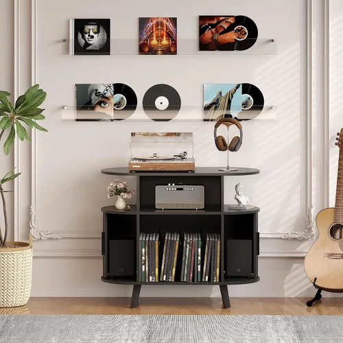 Miniatura 2 de Garvee 35'' Fluted Mid Century Modern Turntable Cabinet, Large Round Record Player Stand with Charging Station and Display Shelf, Arched Wood Record