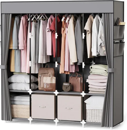 Miniatura 12 de Mavivegue Armario portátil, Armario de ropa, Armario portátil para colgar ropa, para dormitorio y sala de estar, Negro, 2 filas, 34" de ancho x 18