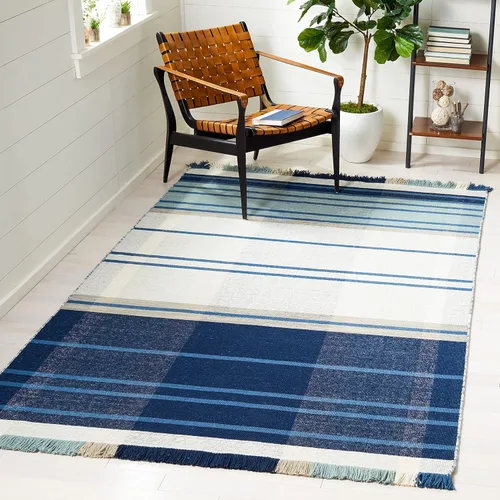 Miniatura 9 de SAFAVIEH Striped Kilim Collection STK707M - Alfombra de lana de tejido plano de 2 pies 3 pulgadas x 8 pies, color azul/beige