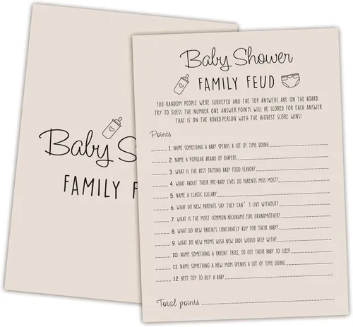 Miniatura 10 de Family Feud - Juego de baby shower, paquete de 30 tarjetas, clave de respuestas, decoraciones de género neutro, suministros de juego