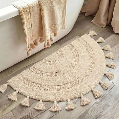 Alfombra de medio círculo con borlas para decoración bohemia de dormitorio, extra suave, 100% algodón, tejida a mano, antideslizante, absorbente,