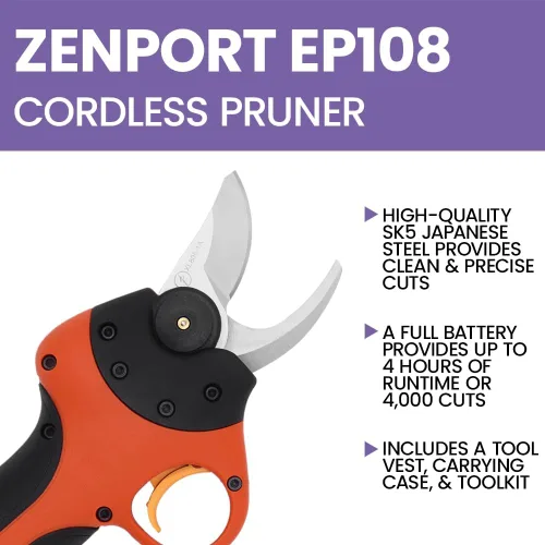 Miniatura 9 de Zenport Podadora eléctrica inalámbrica EP108, podadora eléctrica con batería pequeña, corte de 1 pulgada