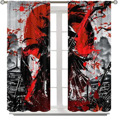 Miniatura 8 de Cortinas opacas con temática japonesa para sala de estar, cortinas de ventana con diseño de samuráis de anime en acuarela y flores de cerezo