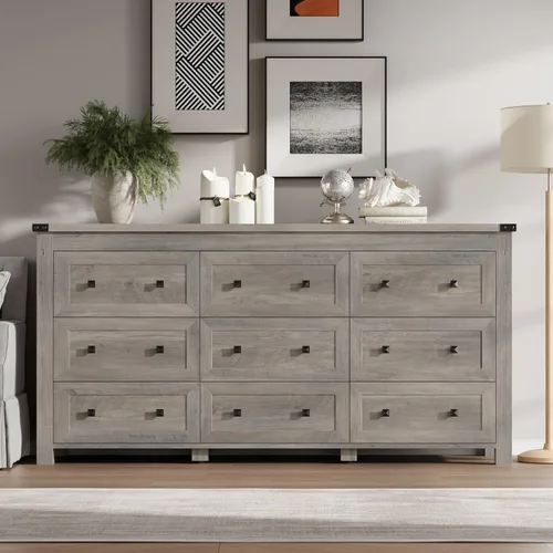 Miniatura 3 de BORNOON Cómoda de 9 cajones, moderna cómoda de almacenamiento de madera, soporte de TV, organizador de cajones de madera con asas de metal