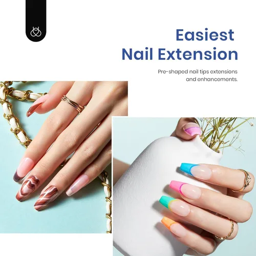 Miniatura 3 de Kit de Uñas de Gel Beetles de Extensión Fácil con 500 Puntas Medianas en Forma de Ataúd 5 en 1, Gel Base de Pegamento de Uñas y Lámpara LED 0-4-M