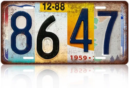Placa de matrícula vintage 8647 para decoración de pared, letrero de metal para el hogar, bar, garaje, 12 x 6 pulgadas Plata-E-12