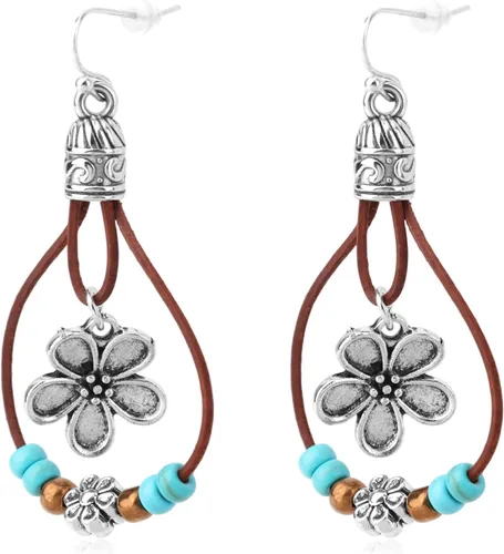 Boho Flower Earrings,Bohemian Western Leather Dangle Drop Earrings with Nature Stones Vintage Handmade Country Concert Outfits Accessories for Women