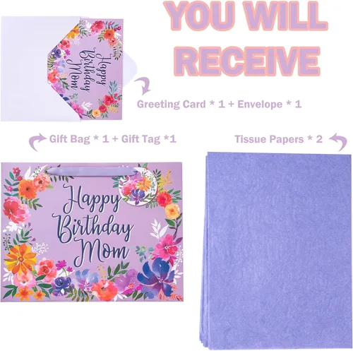 Miniatura 3 de WRAPAHOLIC Bolsa grande de regalo de cumpleaños para mamá de 13 pulgadas con tarjeta y papel de seda, elegante diseño floral con diseño de feliz