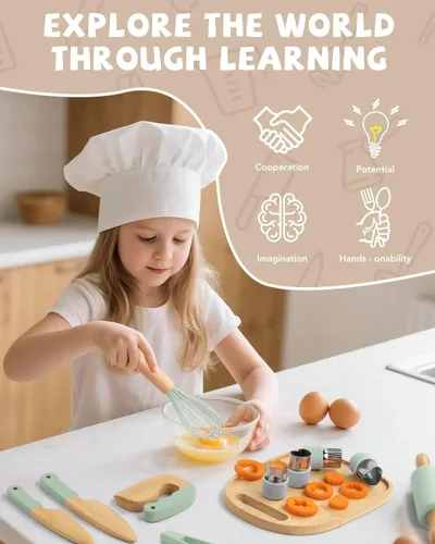 Miniatura 6 de Juego de cocina Montessori de madera para niños, herramientas de cocina reales y utensilios para hornear, kit de cocina de 15 piezas para niños