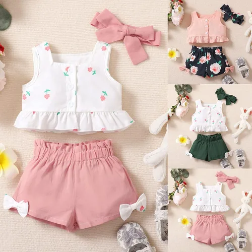 Miniatura 2 de TBUIALL Toddler Baby Girl Clothes Set Toddler Girl Clothes Off Shoulder Sleeveless Tops Floral Shorts Baby Girls Swaddles