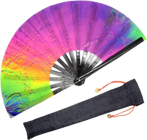 Miniatura 12 de OMyTea Ventilador de mano plegable grande Rave Clack para hombres y mujeres, ventilador de mano de bambú chino japonés - para EDM, festival de Aurora