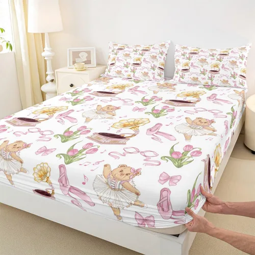 Miniatura 4 de Juego de sábanas de princesa con lazo rosa para niños, tamaño individual, zapatos de ballet, juego de ropa de cama de dibujos animados de oso
