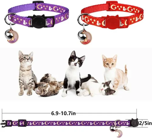 Miniatura 4 de Baeuppit 2 piezas de collares de gato separables con campana, lindos collares ajustables para gatitos que brillan en la oscuridad (Rojo y Morado)