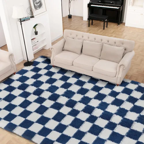 Miniatura 32 de Alfombra de área súper suave en blanco y negro, de 5 x 7 pies, alfombra clásica a cuadros de pelo alto mullida para dormitorio, sala de estar, Negro