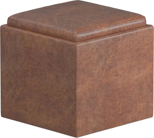 Miniatura 17 de SIMPLIHOME Rockwood - Otomana de almacenamiento en cubo con bandeja, otomana tapizada de cuero vegano de 17 pulgadas de ancho en marrón envejecido