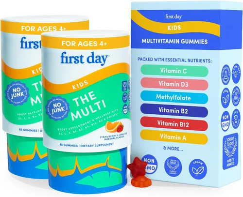 FIRST DAY Gomitas multivitamínicas para niños a partir de 4 años, sabor a fresa y naranja - Vitaminas para niños, multivitamínicas gomosas A C D3 K2
