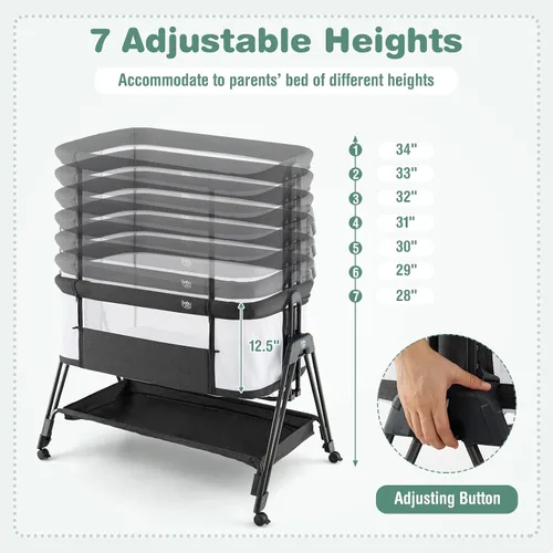 Miniatura 5 de BABY JOY Moisés para dormir junto a la cama, cuna plegable fácil con malla en todos los lados, estante de almacenamiento, 7 alturas ajustables, Negro