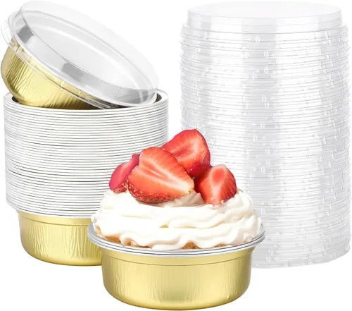 Miniatura 26 de Beasea Ramequines con tapas, 8oz 50 unidades de tazas de aluminio desechables para hornear, tazas de papel de aluminio plateado para creme brulee