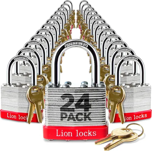 Miniatura 12 de Lion Locks 4 Candados de Llave Igual con Grillete Largo de 2", 8 Llaves, Candado de Acero Endurecido, Cilindro de Pines de Latón Resistente a