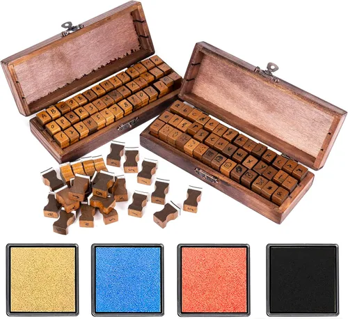 Rancco Sellos del alfabeto para manualidades con 4 almohadillas de tinta, 84 sellos de goma de madera vintage con caja de almacenamiento, 2 juegos
