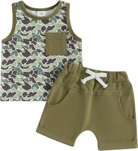 Miniatura 79 de Ropa de bebé niño sin mangas + pantalones cortos con estampado a rayas con bolsillos, 2 piezas de trajes de verano