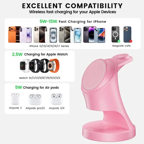 Miniatura 3 de Estación de carga inalámbrica 3 en 1 para dispositivos Apple Rosa