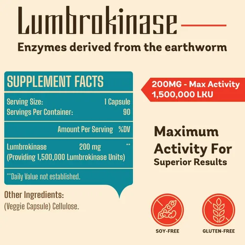 Miniatura 2 de Lumbroquinasa 200mg (actividad máxima 1,500,000 LKU) - Suplemento de enzimas lumbroquinasa, más eficaz que la nattoquinasa - 90 cápsulas (2 botellas)