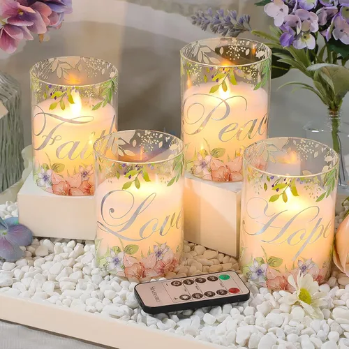 Miniatura 9 de Velas sin llama de Navidad de cristal con llama parpadeante, velas de cera real florales LED con control remoto - Juego de 4 para decoración