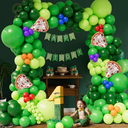 Miniatura 3 de Kit de arco de guirnalda de globos de tortuga verde, globos de látex verde jungla con globo de Mylar de papel de aluminio de pizza para caricaturas