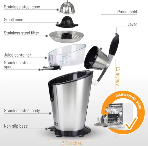 Miniatura 2 de LEBENLANG Exprimidor de cítricos eléctrico con alto rendimiento de jugo Exprimidor de jugo de naranja 200W + 2 conos Exprimidor de limones