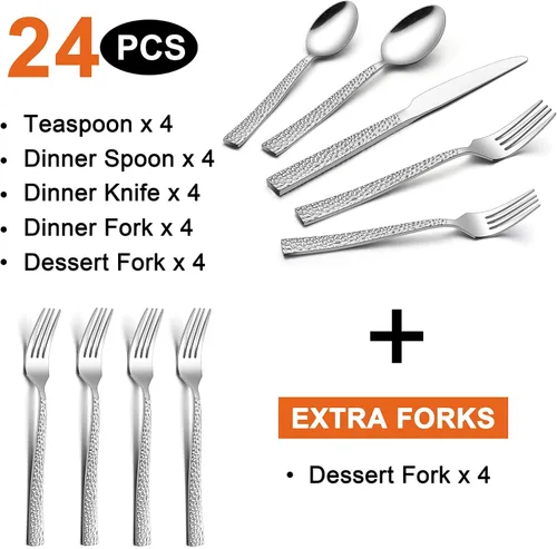 Miniatura 2 de LIANYU Juego de cubiertos martillados de 24 piezas con tenedores de ensalada adicionales, cubiertos cuadrados de acero inoxidable para 4, utensilios