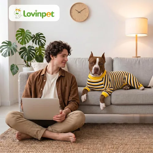 Miniatura 7 de LovinPet Pijama para perros grandes, camisa de algodón con rayas negras y amarillas, mameluco de cobertura completa para perro, pijamas