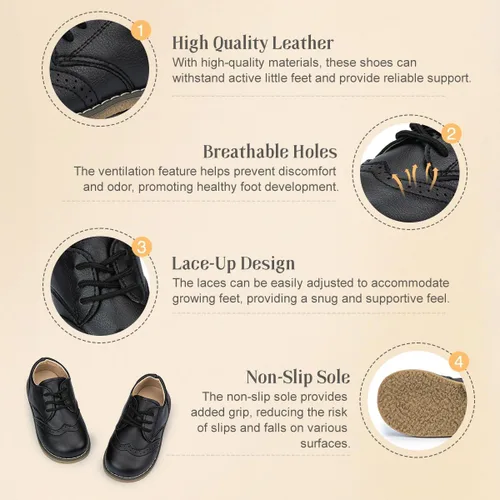 Miniatura 32 de KIDSUN Zapatos de vestir para niño y niña, cómodos zapatos Oxford con cordones para uniforme escolar, mocasines planos (bebé/niño pequeño) E-negro