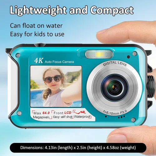 Miniatura 6 de Cámara subacuática 4K de 16 pies Cámara impermeable con tarjeta de 32 GB, enfoque automático de 64 MP, cámara submarina selfie de doble pantalla