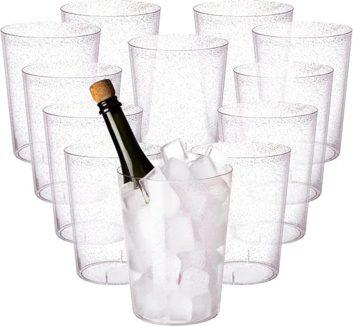 Miniatura 9 de Tiawudi Paquete de 12 cubos de hielo de plástico para fiestas, enfriador de vino transparente con purpurina dorada para bodas, bueno como un Oro