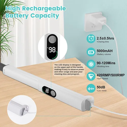 Miniatura 7 de Limpiador eléctrico giratorio, nuevo limpiador inalámbrico para bañera de hidromasaje con mango largo, cepillo de ducha fuerte de 101 libras con 8