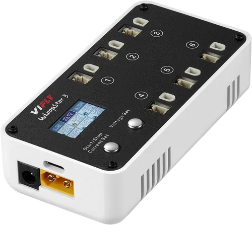 VIFLY WhoopStor V3 6 Ports 1S LiPo Battery Storage Charger and Discharger with LCD Display Tiny Whoop Charger with PH2.0 and BT2.0 Connectors Blanco