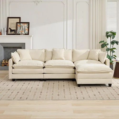Miniatura 3 de Sofá seccional modular beige de 111.5 pulgadas, sofás seccionales grandes de 3 asientos para sala de estar, tela de chenilla marfil blanquecino