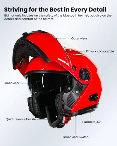 Miniatura 6 de ILM - Casco de motocicleta con Bluetooth modular, intercomunicación para 2-3 conductores, abatible, de cara completa, con doble visera, aprobado por