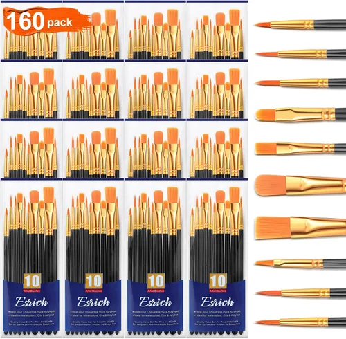 ESRICH Juego de pinceles de pintura acrílica, 16 paquetes/160 unidades, cabezal de cepillo de nailon, adecuado para acrílico, óleo, acuarela, cuerpo