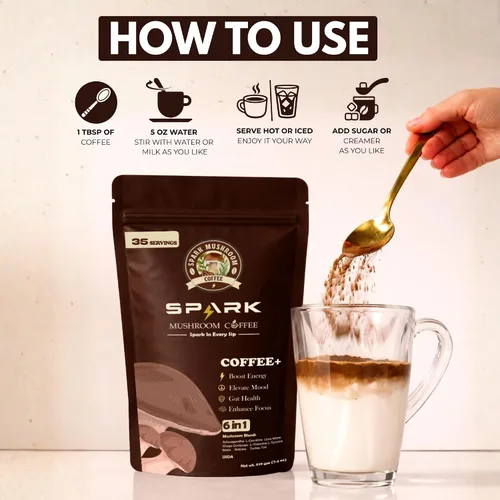 Miniatura 6 de Spark - Café instantáneo orgánico de hongos USDA – 35 porciones y 7.4 onzas – 6 hongos adaptogénicos – Café instantáneo para concentración
