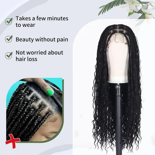 Miniatura 8 de Alebery Pelucas Trenzadas de Caja Bohemias Sin Nudos de Encaje Frontal HD 13X8 para Mujeres Negras Pelucas de Trenzas de Caja Bohemias con Rizos