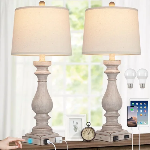 Miniatura 9 de Rinweey - Lámpara de mesa de granja de 29" para sala de estar, lámpara de mesita de noche vintage con puertos USB C+A y salida de AC, lámpara