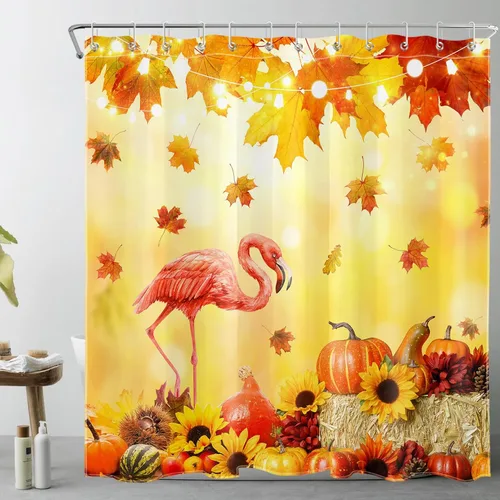 Miniatura 14 de LB Cortina de ducha de otoño para baño, divertido gato negro con fantasma en la bañera en el bosque de otoño, cortina de ducha de tela de cosecha