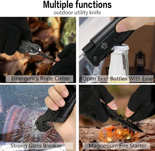 Miniatura 5 de Cuchillo de bolsillo militar EDC de 8.5 pulgadas para exteriores, 7 en 1, cuchillos plegables multifunción con iniciador de fuego, cortador de Negro