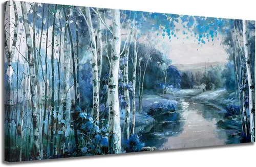 Miniatura 25 de Arjun Lienzo artístico para pared de árbol de la vida para sala de estar, pintura de árbol azul y verde azulado, 50% pintada a mano, imagen