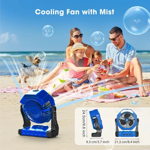Miniatura 5 de Ausic Ventilador de camping portátil de niebla, ventilador de enfriamiento al aire libre de 8 pulgadas con luz LED, espray de agua, gancho