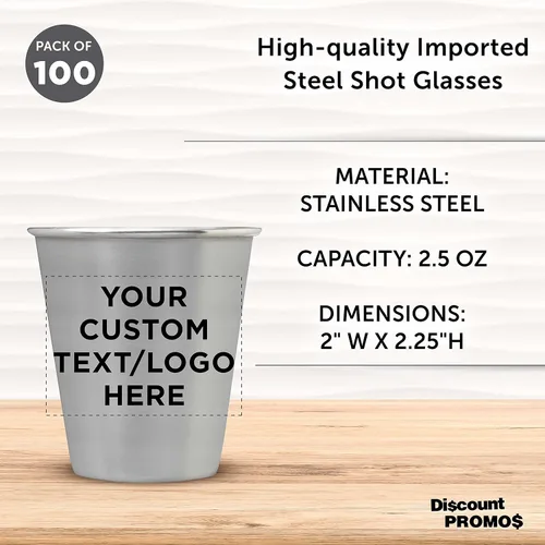 Miniatura 4 de Vasos de chupito de metal personalizados de 2.5 onzas, juego de 100, paquete personalizado a granel, ideal para bodas, cumpleaños, fiestas, acero
