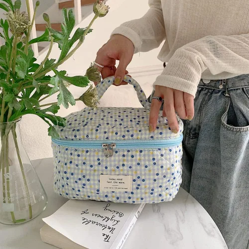 Miniatura 4 de Bolsa de cosméticos de viaje, bolsa de maquillaje de algodón, bolsa de aseo acolchada con hermoso patrón floral, bolsa de cosméticos de gran